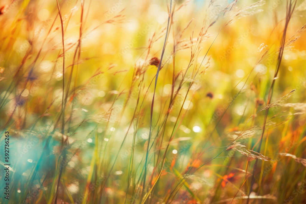 A close-up of flowering culms of grasses  in a meadow in a sunny summer day. Created with Generative AI.