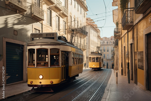 Se cathedral church with yellow tram at sunny day, Lisbon, Portugal