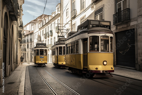 Se cathedral church with yellow tram at sunny day, Lisbon, Portugal photo