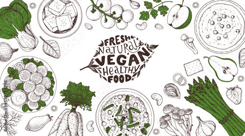 Vegan food frame. Hand drawn vector illustration. Menu design template. Vegan food sketch. Vintage design template. Product design. Great for packaging, recipe book, menu. Vegetarian food sketch.