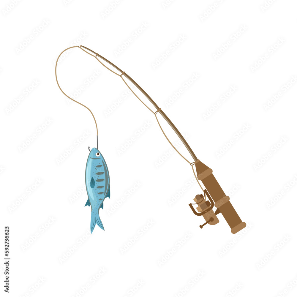 Fishing rod and fish icon in cartoon style isolated on white background. Fishing symbol stock bitmap, rastr illustration