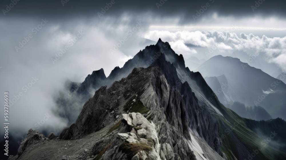 Beautiful landscape of the cloudy mountain summit, Generative AI
