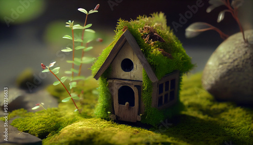 Wallpaper Mural Miniature wooden house in grass moss. World Environment Day. World Earth Day. Green Environment. Ai generated image Torontodigital.ca