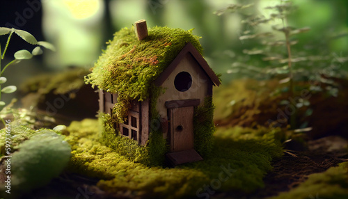 Miniature wooden house in grass moss. World Environment Day. World Earth Day. Green Environment. Ai generated image