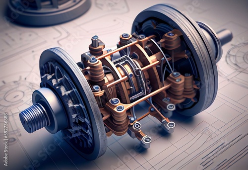 3D Illustration. Von Mises stress isometric view of car suspension hub on top of engineering technical drawing. Generative AI photo