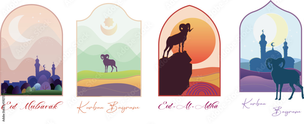 Collection of Kurban Bayram greeting cards, with ram, moon, mosque, scenery, landscape, crescent, sunset, framed with traditional Muslim  window arches