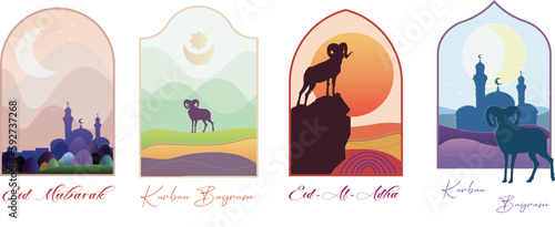 Collection of Kurban Bayram greeting cards, with ram, moon, mosque, scenery, landscape, crescent, sunset, framed with traditional Muslim  window arches