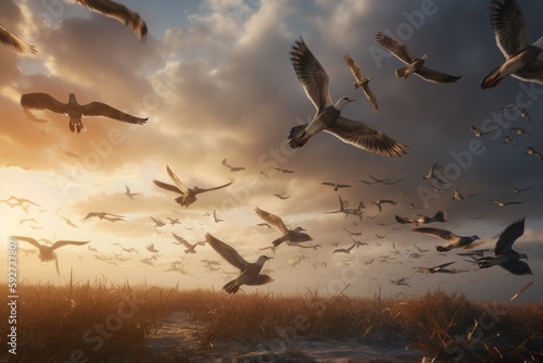 A detailed illustration of a group of birds in flight, Generative AI