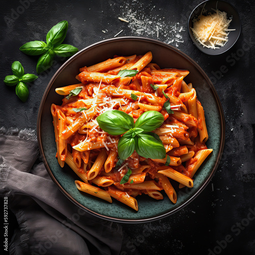 Classic italian pasta penne alla arrabiata with basil and freshly parmesan cheese on dark table. Penne pasta with sauce. Top view. Generative AI.