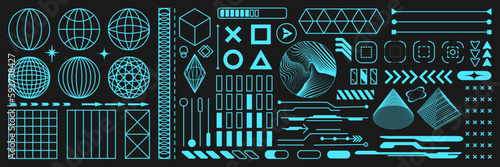 Retrofuturistic geometry elements set with icons and digital shapes for apparel, t-shirt, merch, posters, covers, flyers. Vector elements set vaporwave and y2k style abstract shapes.