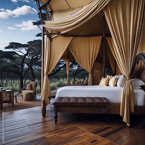 An elegant tented suite with a four-poster king-size bed, a clawfoot tub, a private plunge pool, and a sweeping view of the savannah, situated in a luxury safari camp.

Generative AI photo