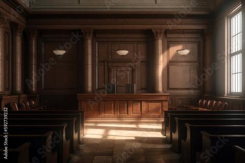 courtroom with benches  a judge s bench  and a witness stand  generative ai