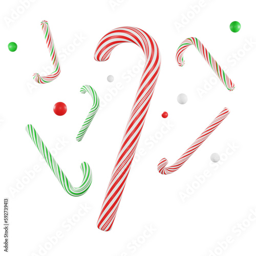 Realistic 3d graphic resource for professional designers of floating christmas candy canes with red, white and green stripes