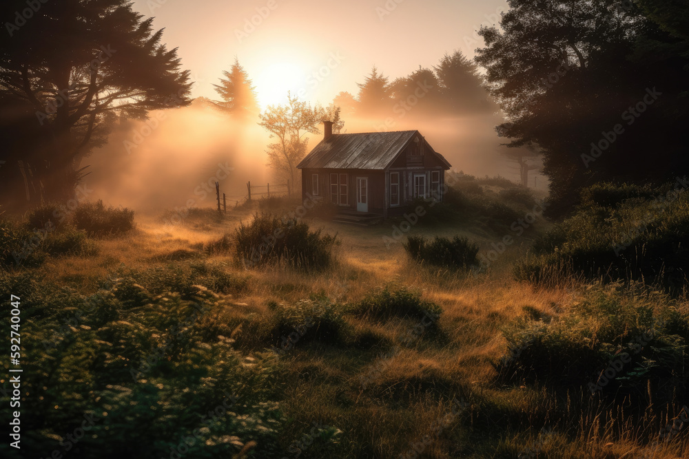 house in the fog created with Generative AI technology house in the fog created with Generative AI technology