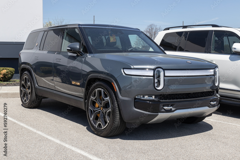 Rivian R1S EV Electric Vehicle display at a dealership. Rivian offers the R1S in Adventure and