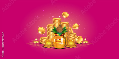Indian festival Akshya Tritiya. Finacial Growth, Golden coins, money, wealth and kalash pot. Privilege concept and money cash back background.