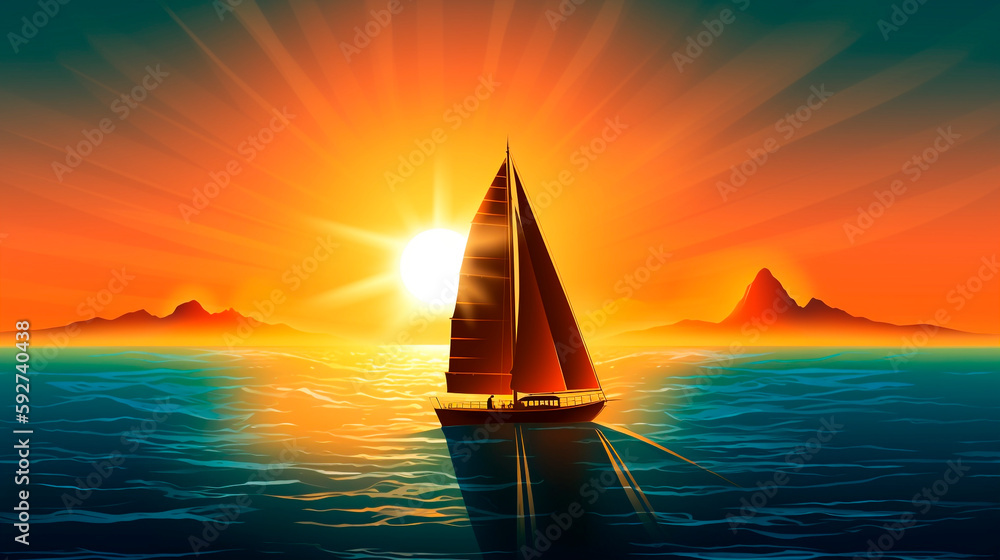 Illustration of a sailing boat In the ocean with the sun 