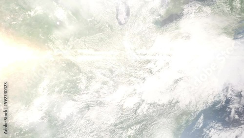 Earth zoom in from outer space to city. Zooming on Owensboro, Kentucky, USA. The animation continues by zoom out through clouds and atmosphere into space. Images from NASA photo