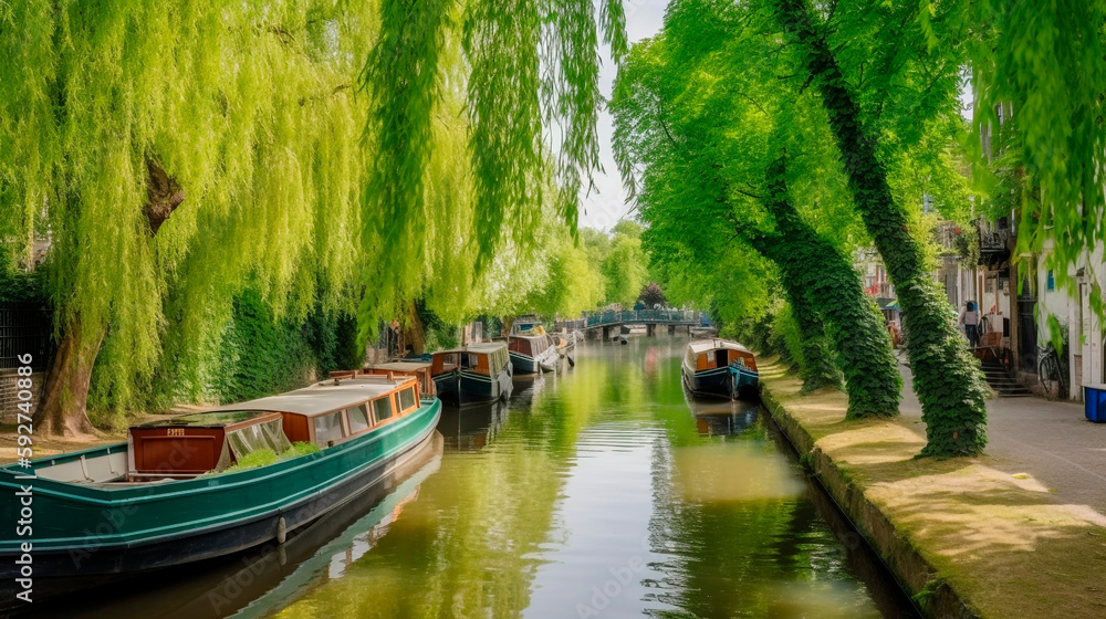 Little Venice with a willow tree and boats in a narrow canal
