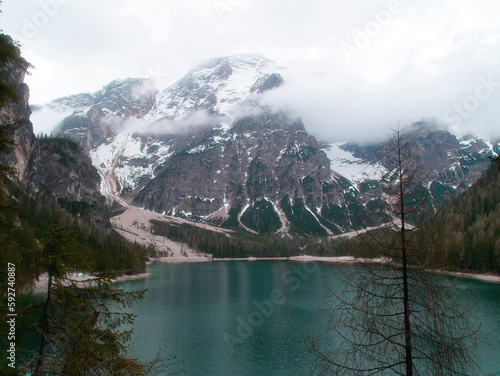 Panoramic view of Lake Braies (Pragser Wildsee) with the Dolomites in the back