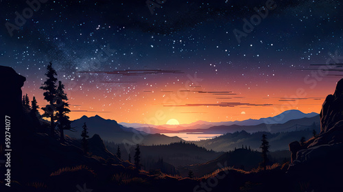 Starry Nightfall  Digital Illustration of a Celestial Landscape at Dusk