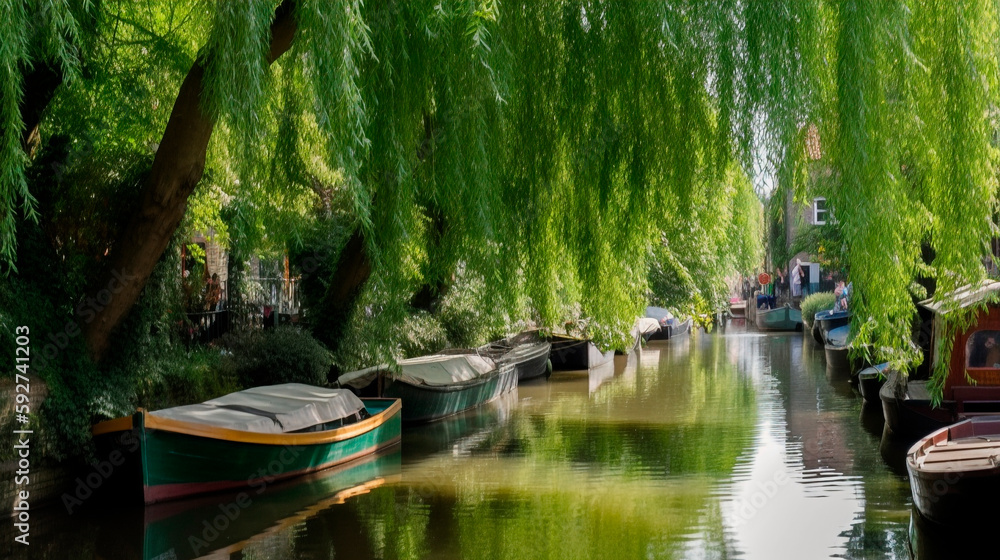 Obraz premium Little Venice with a willow tree and boats in a narrow canal