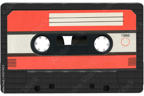 Black audio cassette with a red label. High resolution isolated on a transparent background.