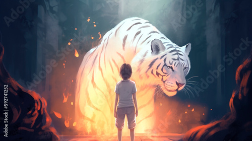 a girl stands in front of a huge beautiful white tiger 