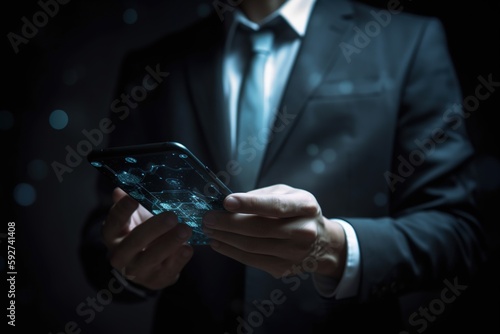 Business man with a mobile phone, holographic projections, azure atmosphere