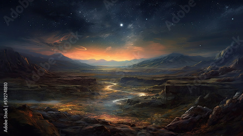 Starry Nightfall: Digital Illustration of a Celestial Landscape at Dusk