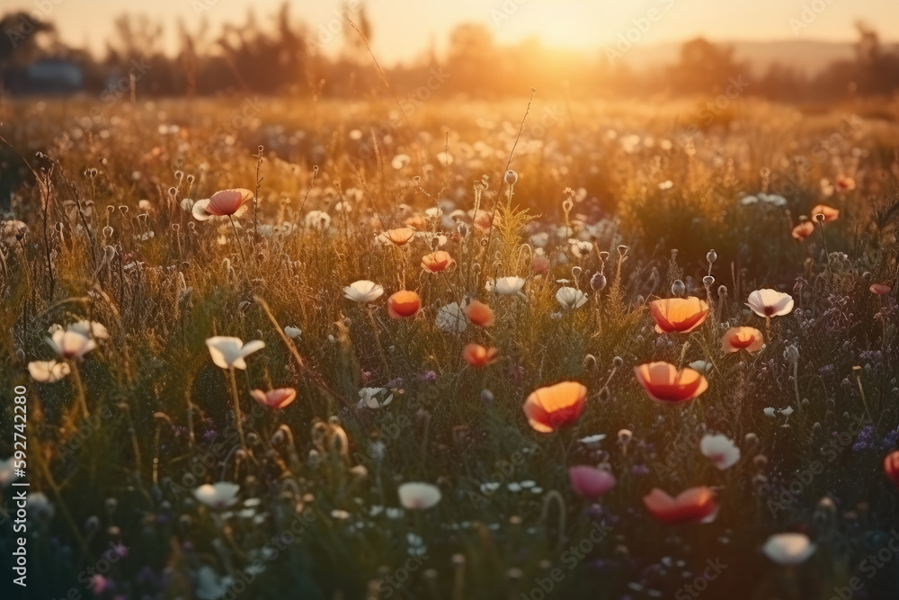 sunset in the field created with Generative AI technology