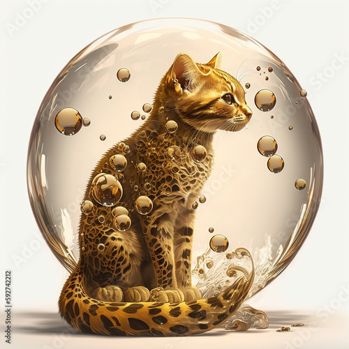 A Captivating Image of a Golden Cat in a Bubble, Conveying the Beauty, Grace, and Enchanting Mystery of Feline Companionship photo