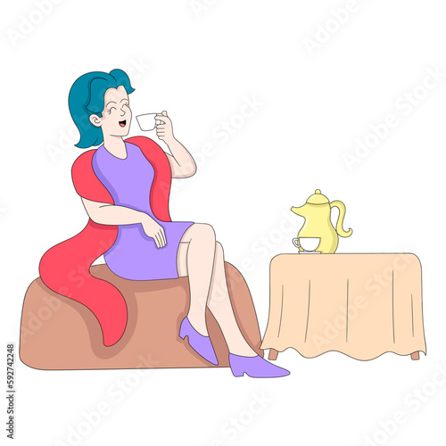 beautiful and rich young girl sitting laughing enjoying morning with coffee