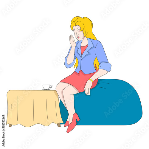 beautiful and rich young woman sitting enjoying morning coffee