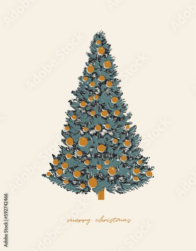 Merry Christmas Vector Card. Green Christmas Tree with Gold Baubles Isolated on a Beige Background. Vintage Style Christmas Print. Winter Holidays Illustration with Green Decorative Fir Tree.
