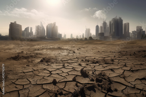 cracked ground in the city as clima crisis theme created with Generative AI technology
