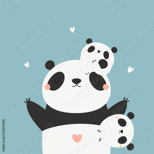 Vector illustration of cute young pandas climbing mom.
