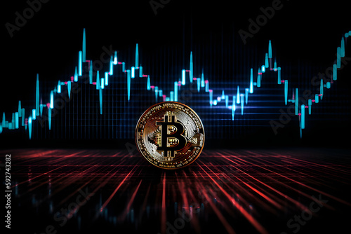 Bitcoin cryptocurrency, financial market analysis charts, blockchain cyber protection and digital security, generative ai