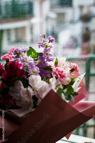 Closeup of bouquet of flowers in pink and purple