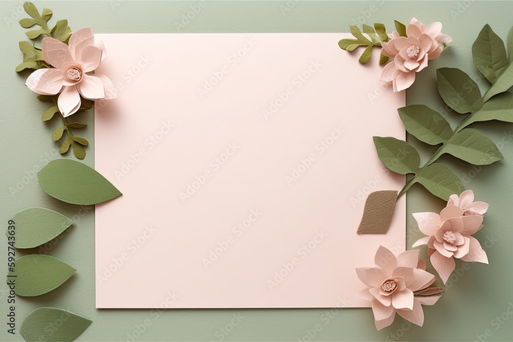 Romantic still life from flowers and leaf paper. A beautiful pastel painting for a wedding, celebration, birthday, invitation, anniversary. Generative AI.