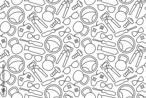 Father's Day seamless pattern with steering wheel, bow tie, gaming pad, pincers, pincers, screw, tie, kettlebell, eyeglasses,  icons- vector illustration
