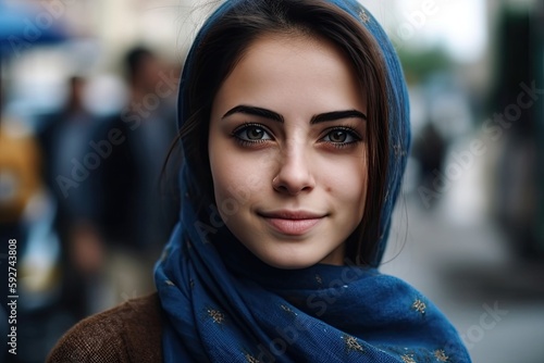 Smiling beautiful middle eastern young woman wearing a hijab looking at the camera. Generative AI photo