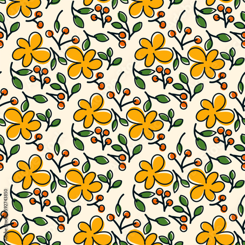 vivid seamless pattern with doodle flowers and berries 