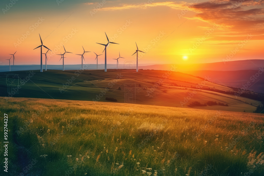 Obraz premium wind turbines at sunset created with Generative AI technology