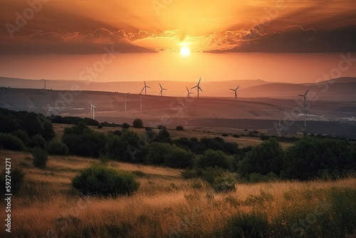 wind turbines at sunset created with Generative AI technology