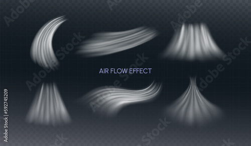 Air Flow Effect. White Wind Stream Waves Isolated on Dark Background. Fresh Breeze Waves From Conditioner Illustrations