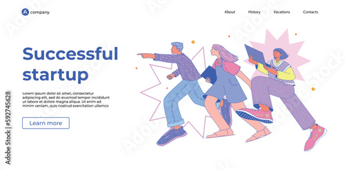 Characters with laptops run towards the goal. The leader points the way. The concept of working in a successful startup. Design of web page and landing. Attracting employees, students. Modern vector f