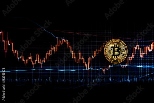 Bitcoin cryptocurrency, financial market analysis charts, blockchain cyber protection and digital security, generative ai