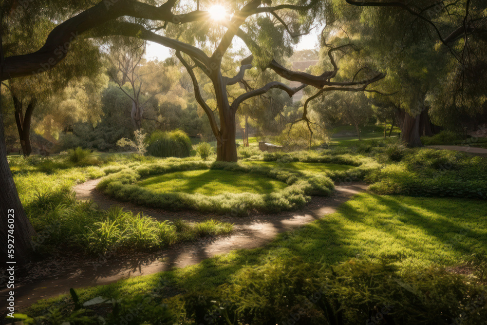 Fototapeta premium golden hour in the park. sunset in the forest. path between trees, green lawn. ai generative