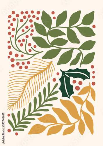 Holiday Poster tile Christmas wall art print xmas bell leaf botanical 70s wall art clipart holly jolly baby card merry tree vintage